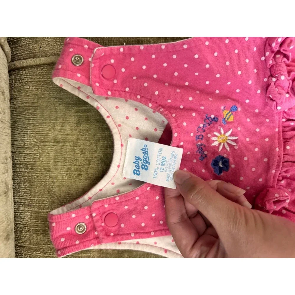 Vintage OshKosh B'Gosh Infant Girl Pink White Dot One Piece Bows Size 12 Months